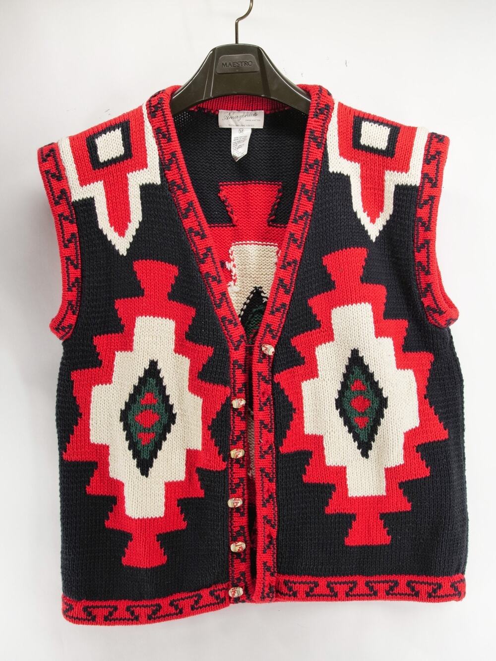 Vintage Amazonias Women's Med Black Red White Geometric Sleeveless Cardigan Hand